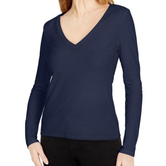 INC Navy Blue V Neck Long Sleeve Top Tshirt Tee 100% Cotton Essentials Women S - Picture 7 of 7